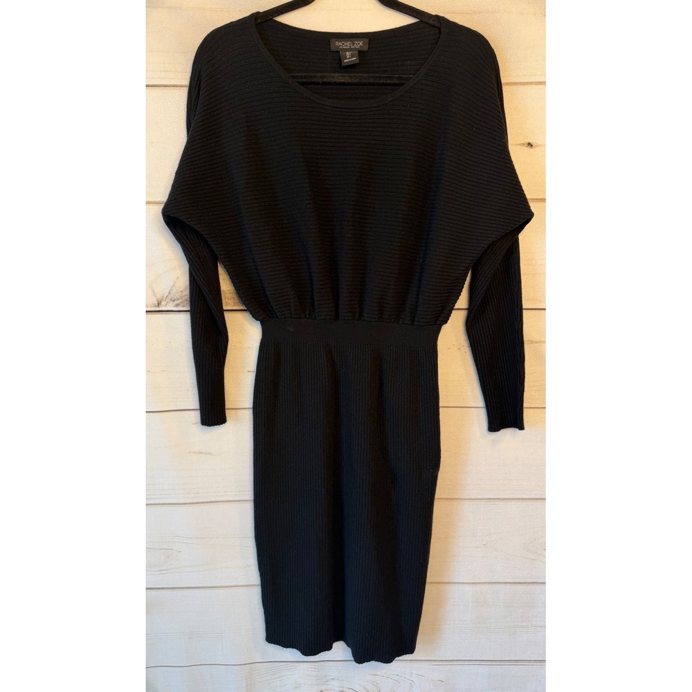 Rachel Zoe Black Rib Knit Dolman Sleeve Sweater Dress Large Scoop Neck Midi